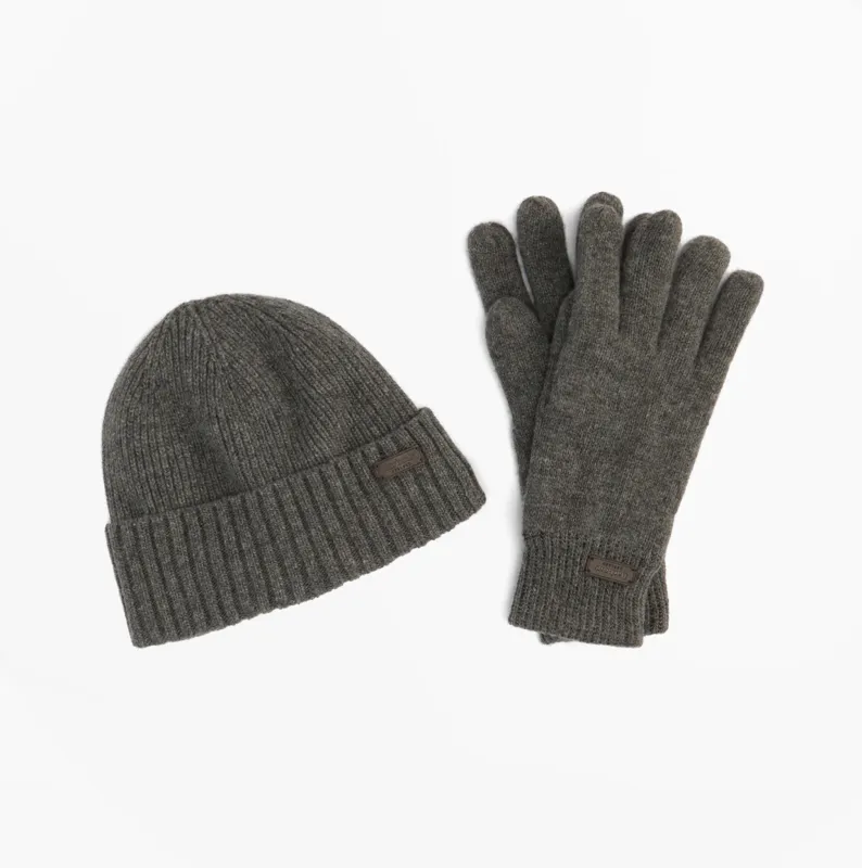 Barbour CARLTON BEANIE & GLOVES Mens Gift Set Grey sold by House of Slippers