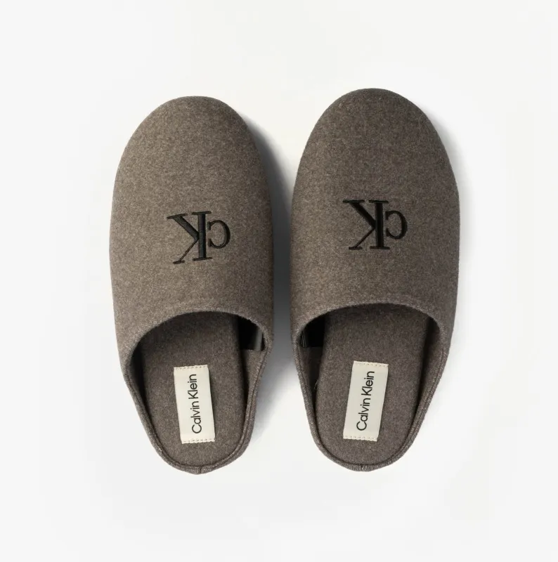 Calvin Klein Mens HOME Felt Signature Logo Mule Slippers Grey sold by House of Slippers