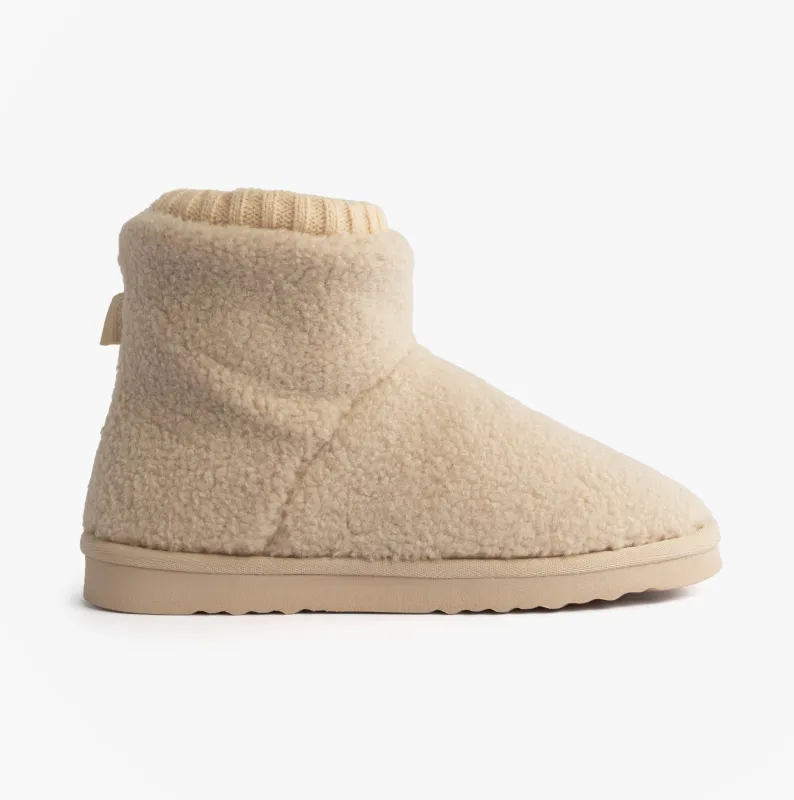 Totes Isotoner BORG BOOT WITH CUFF DETAIL Womens Boot Slippers Cream made by House of Slippers