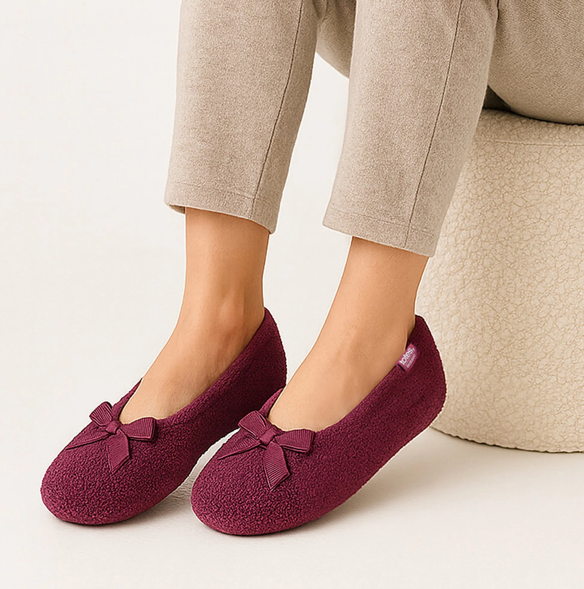 Totes Isotoner STRETCH TERRY BOW Womens Ballerina Slippers Burgundy sold by House of Slippers product image thumbnail 2