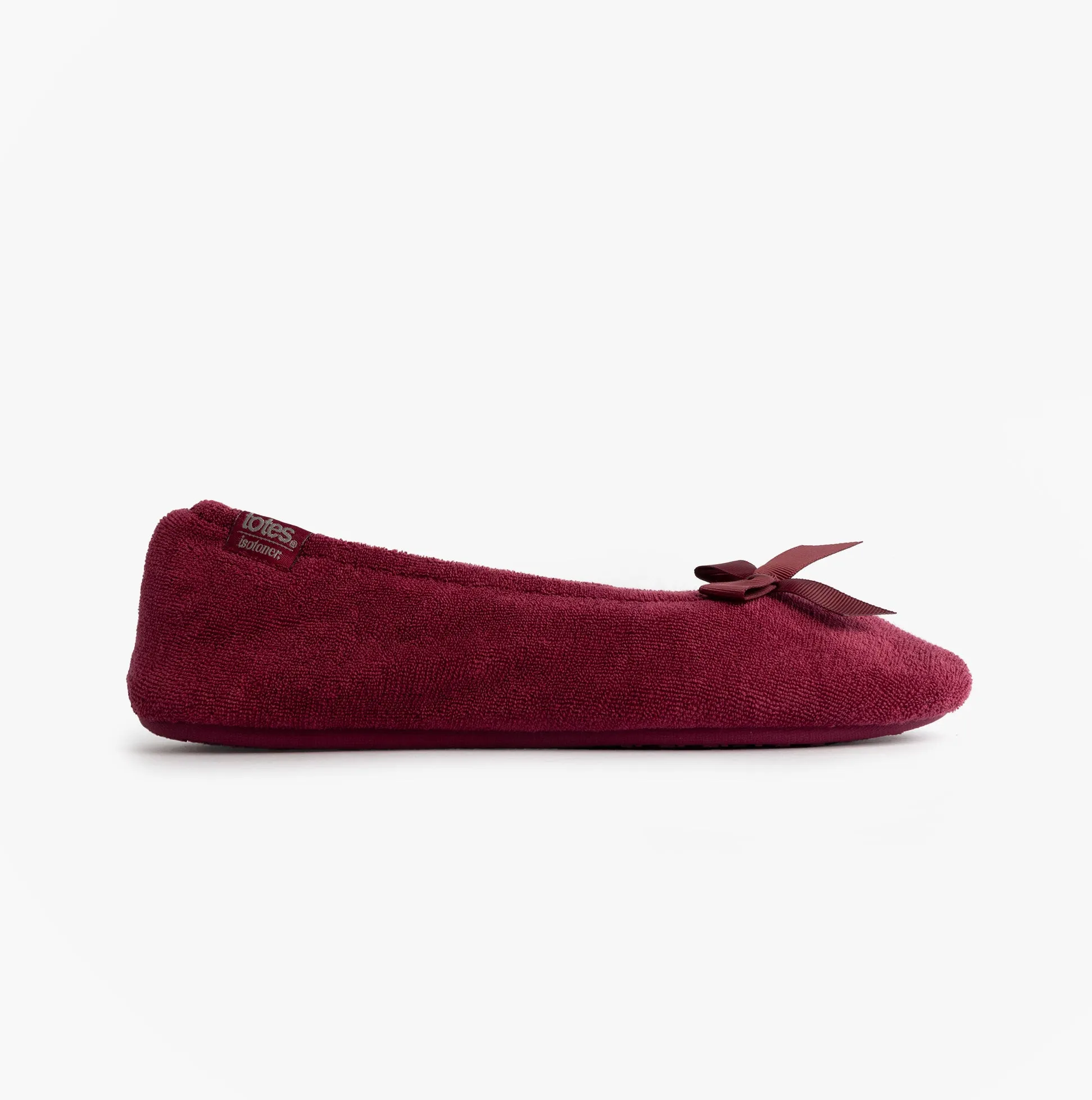 Totes Isotoner STRETCH TERRY BOW Womens Ballerina Slippers Burgundy sold by House of Slippers