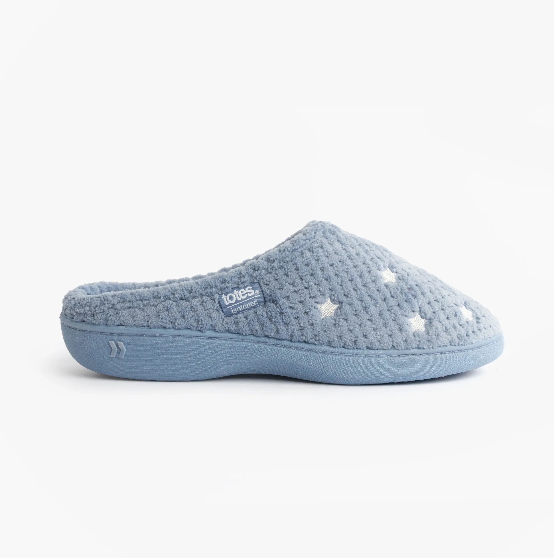 Totes Isotoner POPCORN TERRY Womens Mule Slippers Iris Blue Star sold by House of Slippers