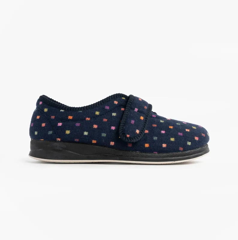 Padders CAMILLA Womens (2E Fit) Touch Fasten Polka Dot Slippers Navy/Multi sold by House of Slippers