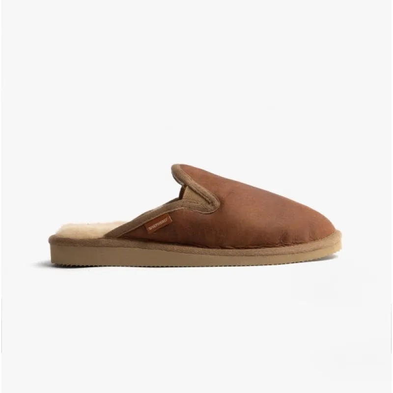 Shepherd ADAM Mens Sheepskin Mules Antique/Cognac sold by House of Slippers