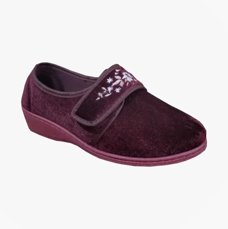 Sleepers ELSIE Womens Touch Fasten/Velcro Slippers Burgundy sold by House of Slippers