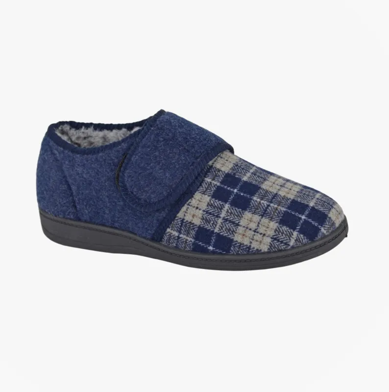 Sleepers DENZIL Mens Touch Fasten/Velcro Slippers Navy Check sold by House of Slippers