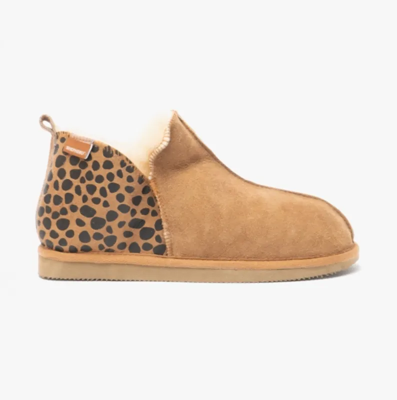 ANNIE Womens Sheepskin Slipper Boots Leopard/Chestnut sold by House of Slippers