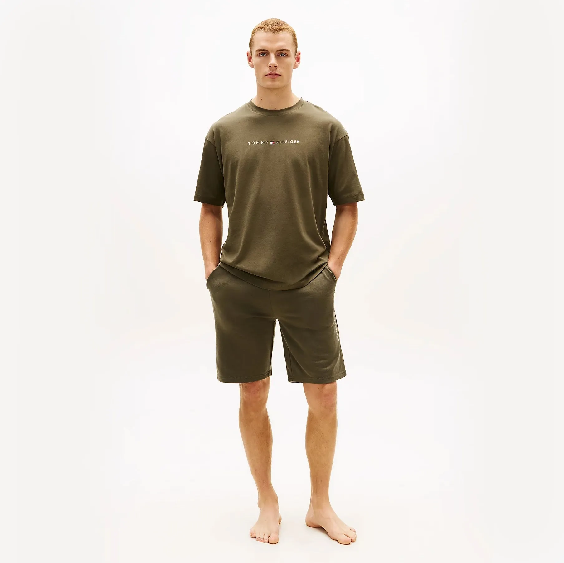 Tommy Hilfiger SS LOGO TEE Mens Loungewear Army Green sold by House of Slippers