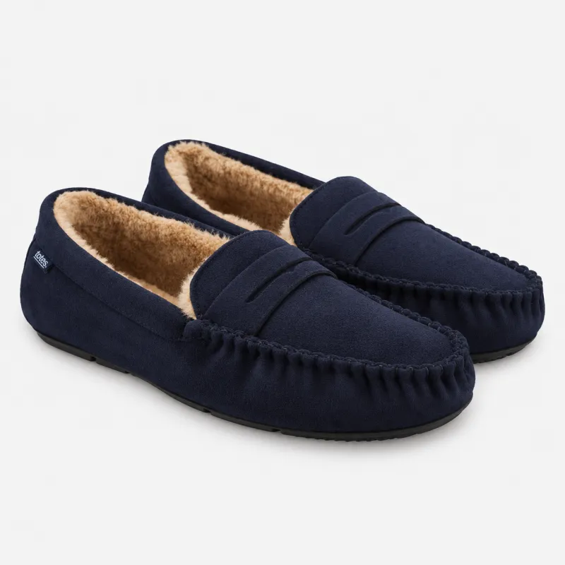 Totes Toasties SUEDETTE MOCCASIN SLIPPER Mens Moccasins Navy made by House of Slippers