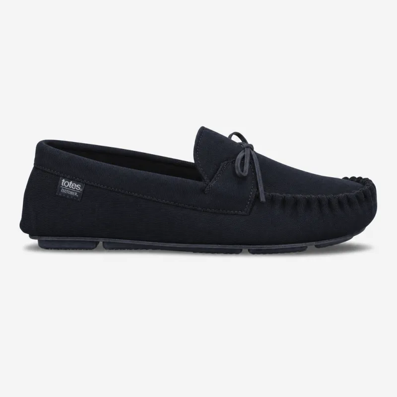 Totes Isotoner HERRINGBONE LINED MOCCASIN Mens Moccasins Navy made by House of Slippers
