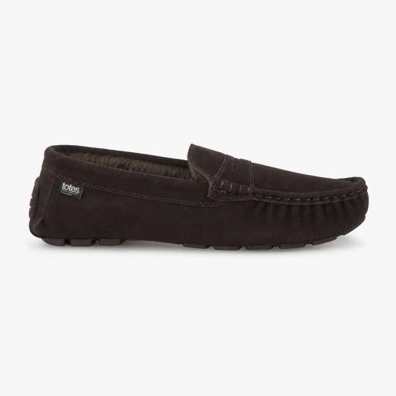 Totes Isotoner FUR LINED SUEDE MOCCASIN SLIPPER Mens Moccasins Brown made by House of Slippers