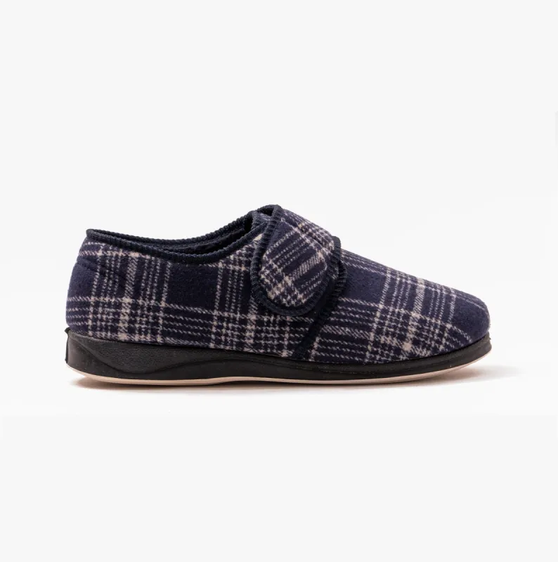 HARRY Mens (G Fit) Touch Fasten Full Slippers Navy Check sold by House of Slippers