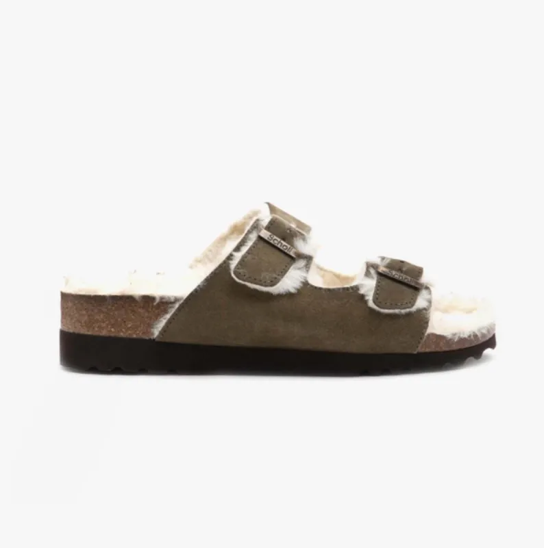Scholl MISSY Womens Suede Mule Sandals Khaki sold by House of Slippers