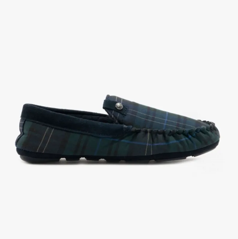 BENEDICT Mens Woven Moccasin Slippers Navy Check sold by House of Slippers