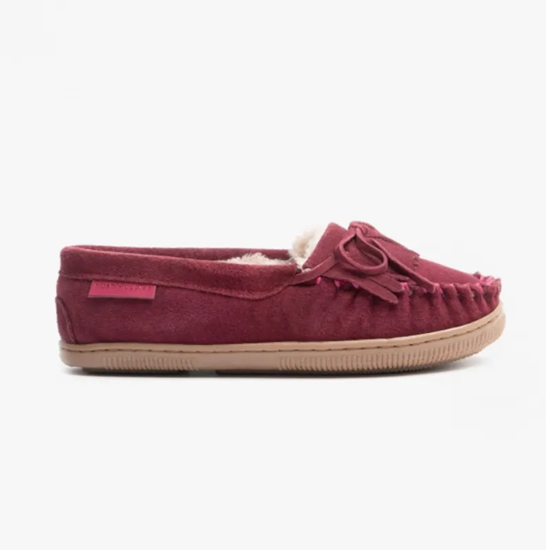 Hush Puppies ADDY Womens Suede Moccasin Slippers Burgundy sold by House of Slippers