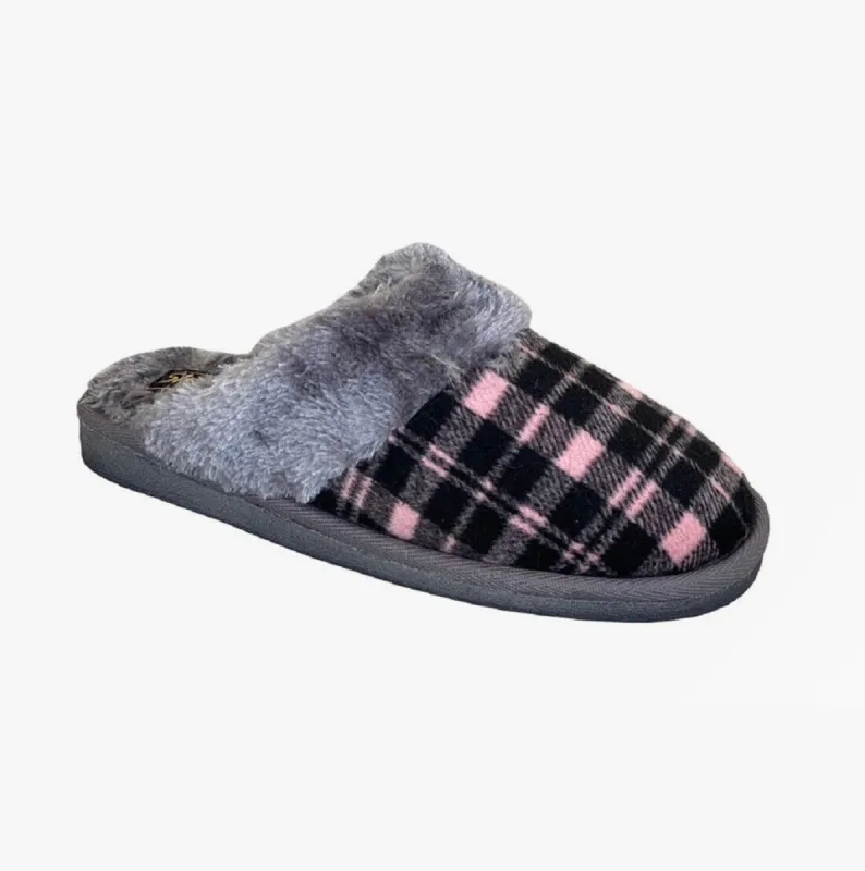 Sleepers MIA Womens Tartan Textile Mule Slippers Black/Pink/Grey sold by House of Slippers