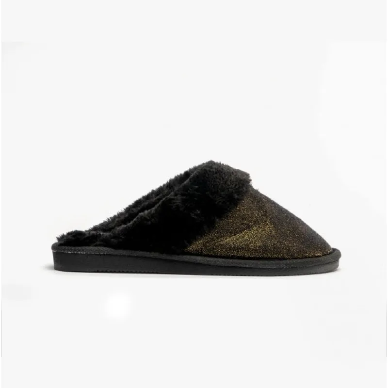 Jo & Joe SHIMMER Womens Mule Slippers Black sold by House of Slippers