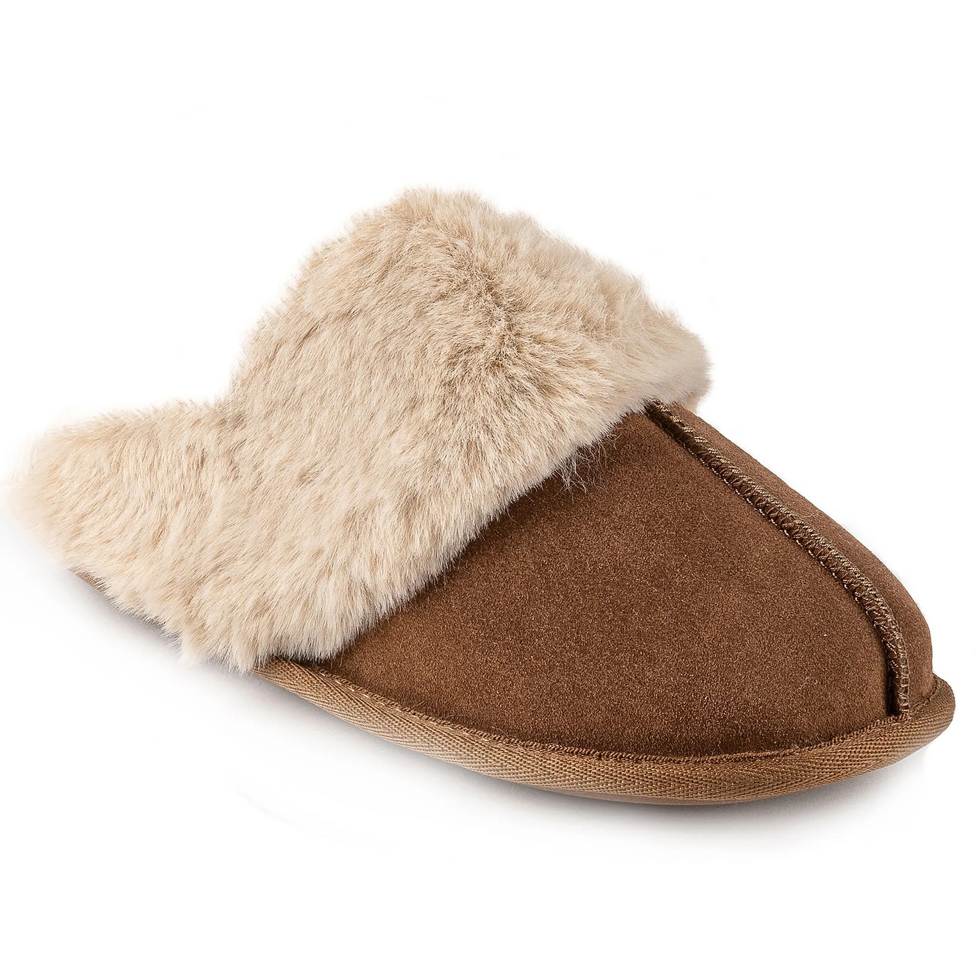 Totes Isotoner REAL SUEDE WITH FUR CUFF Womens Mule Slippers Tan sold by House of Slippers product image thumbnail 2
