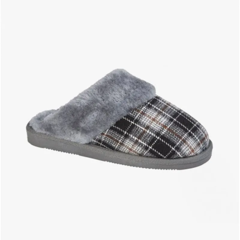 Sleepers LEYLA Womens Fur Cuff Mules Black/Grey Check sold by House of Slippers
