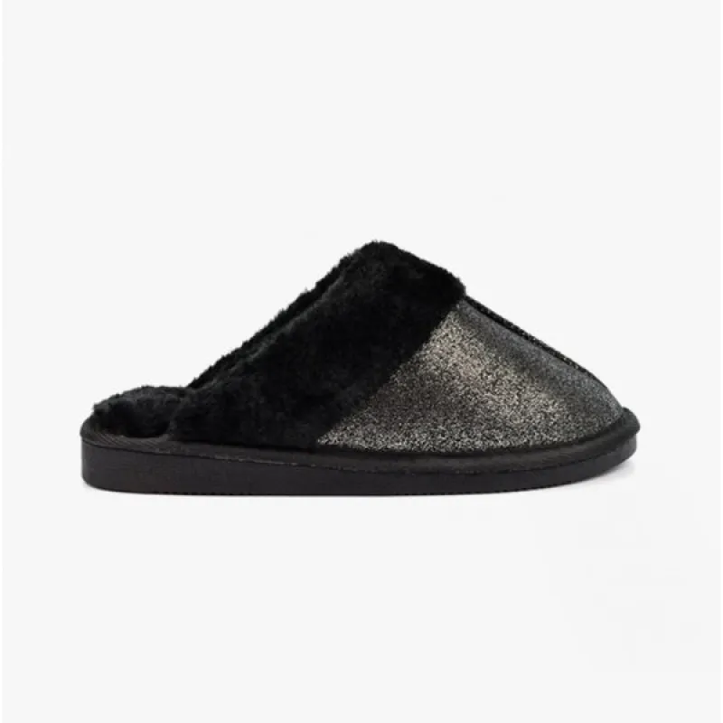 Sleepers JULIET Womens Fur Cuff Sparkle Mules Black made by Sleepers