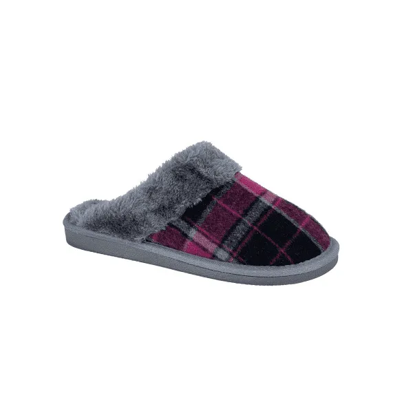 MIA Womens Tartan Textile Mule Slippers Purple/Grey sold by House of Slippers