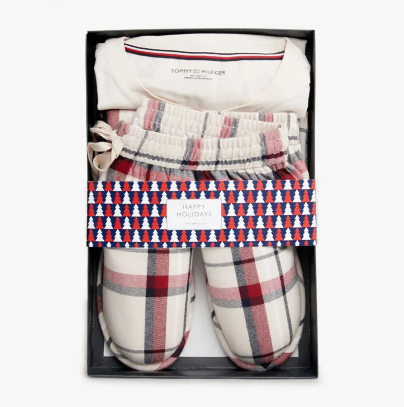 Tommy Hilfiger TH ORIGINAL Womens Pyjama and Slippers Gift Set Cash Creme/Heritage Plaid Creme sold by House of Slippers
