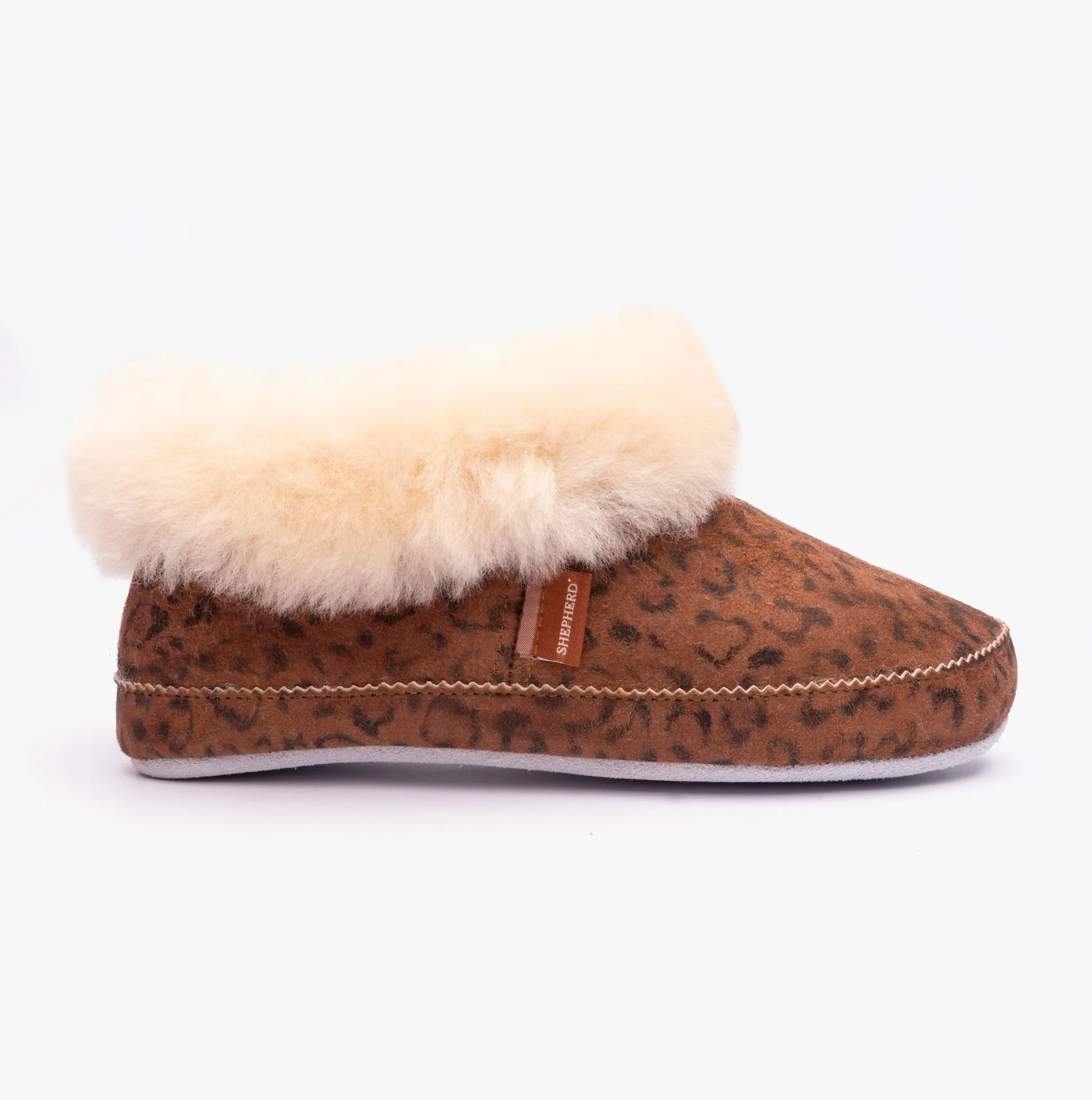 Shepherd EMMY Womens Sheepskin Slipper Boots Chestnut/Leopard sold by House of Slippers