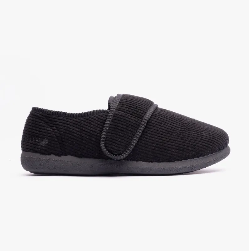 Padders OLIVER Mens Super Wide Touch Fasten Full Slippers Black made by House of Slippers