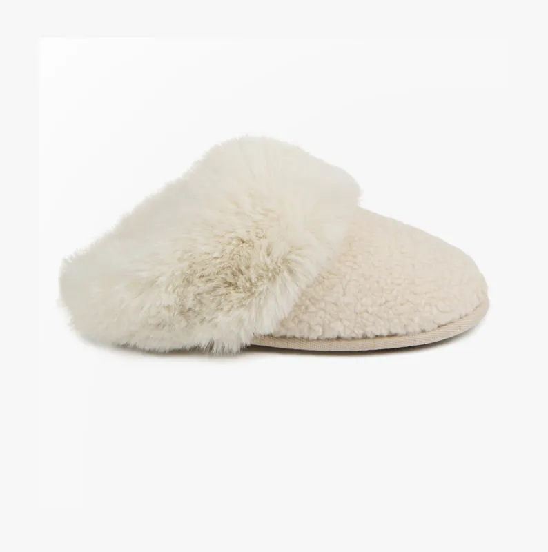 TEXTURED FAUX FUR MULE Slippers Womens Cream sold by House of Slippers