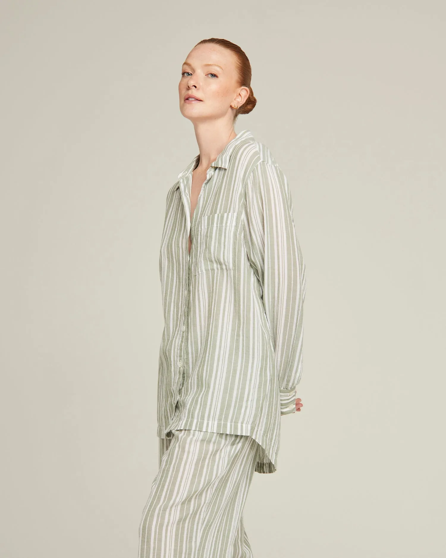 The Midi Shirt -Sage Stripe sold by Nudea
