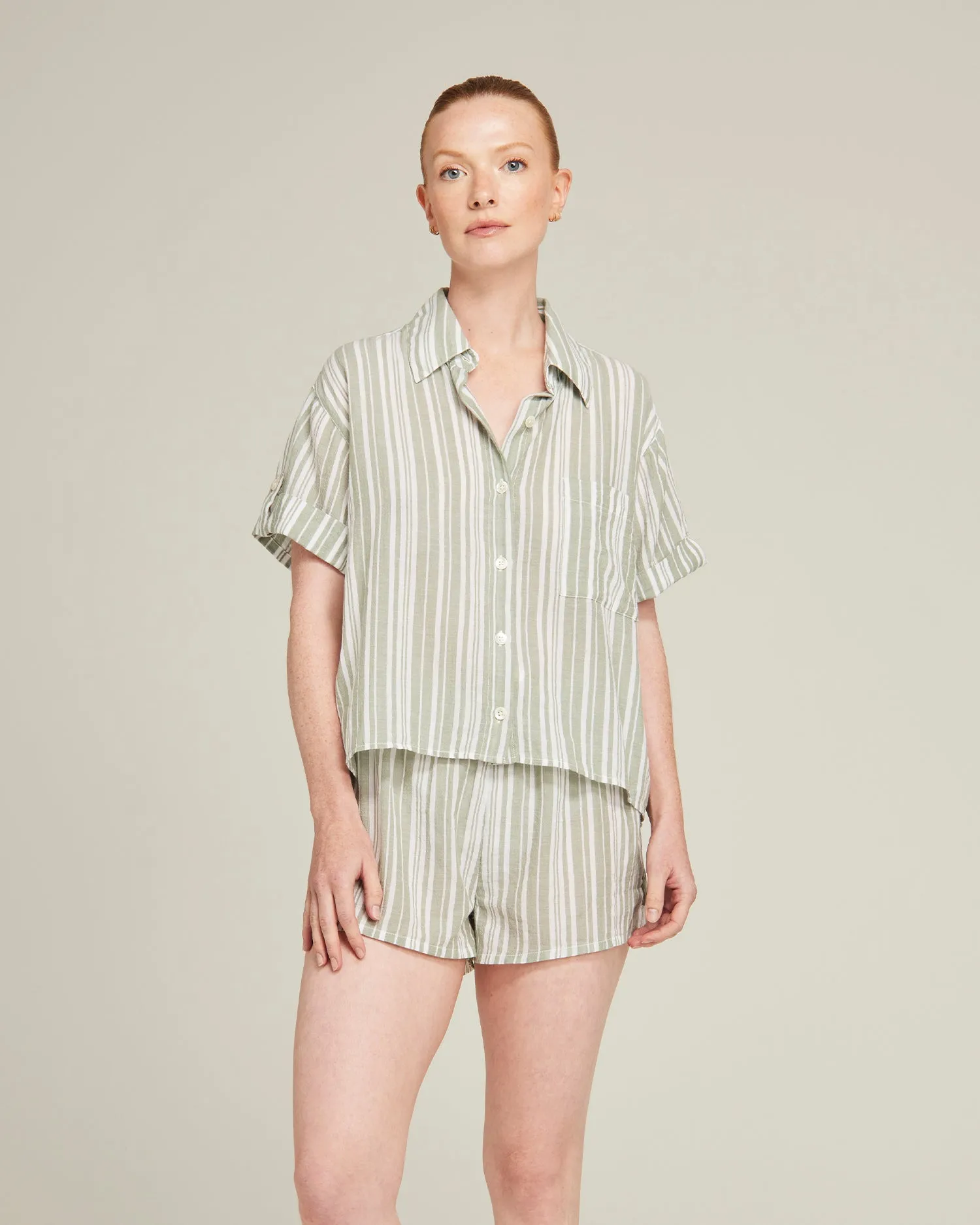 The Short Sleeve Shirt - Sage Stripe sold by Nudea