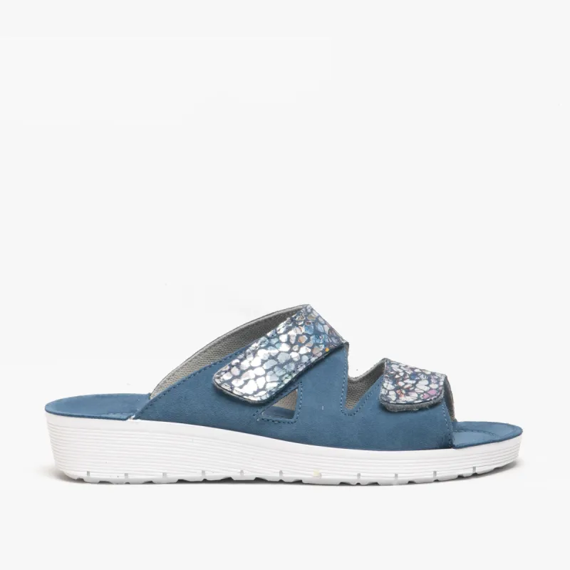 1403 Ladies Leather Mule Sandal Blue sold by Shuperb