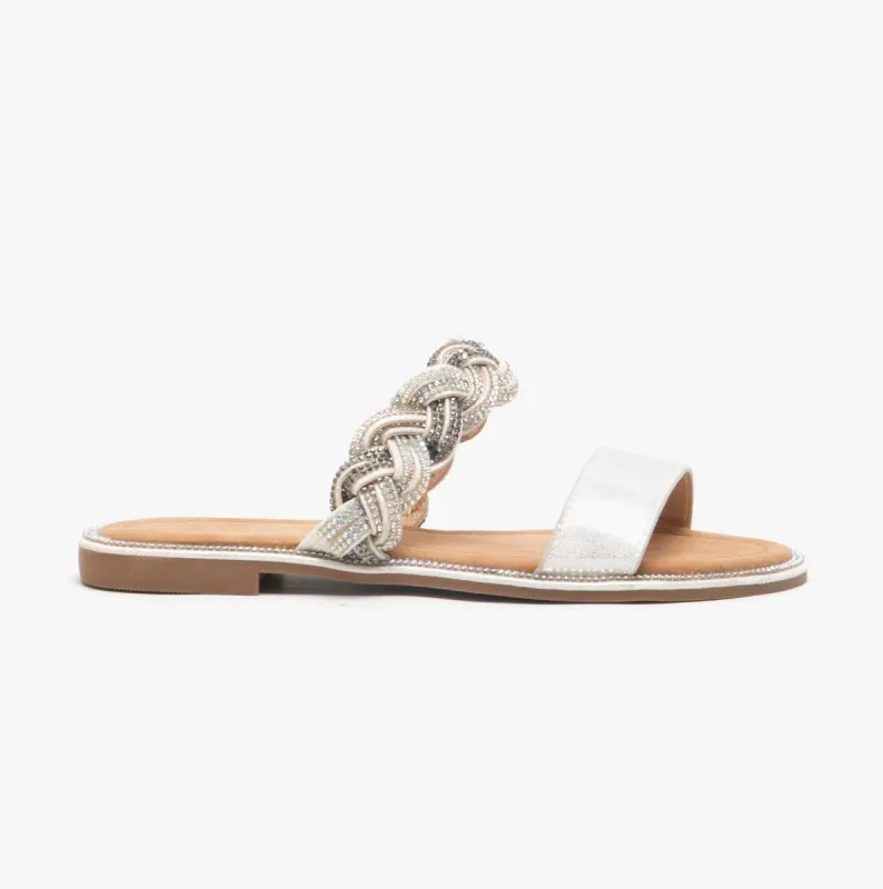 JOSIE Ladies Mule Sandals Silver/Diamante made by Shuperb