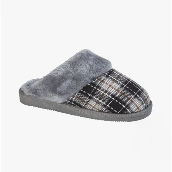 Sleepers LEYLA Womens Fur Cuff Mules Black/Grey Check sold by Shuperb