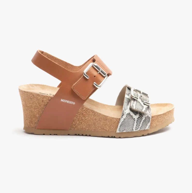 Mephisto LISSANDRA Womens Leather Wedge Sandals Camel/Python sold by Shuperb