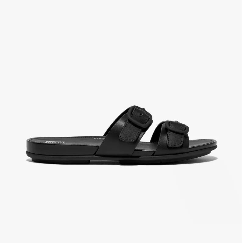 FitFlop GRACIE Womens Rubber-Buckle Leather Two-Bar Sliders All Black sold by Shuperb