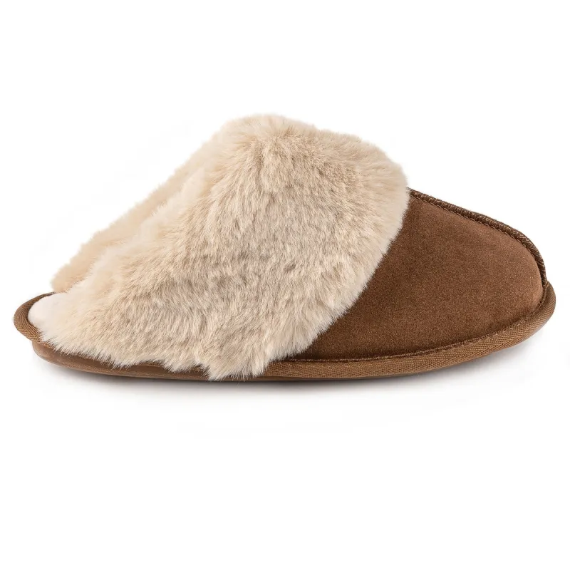 Totes Isotoner REAL SUEDE WITH FUR CUFF Womens Mule Slippers Tan made by Shuperb