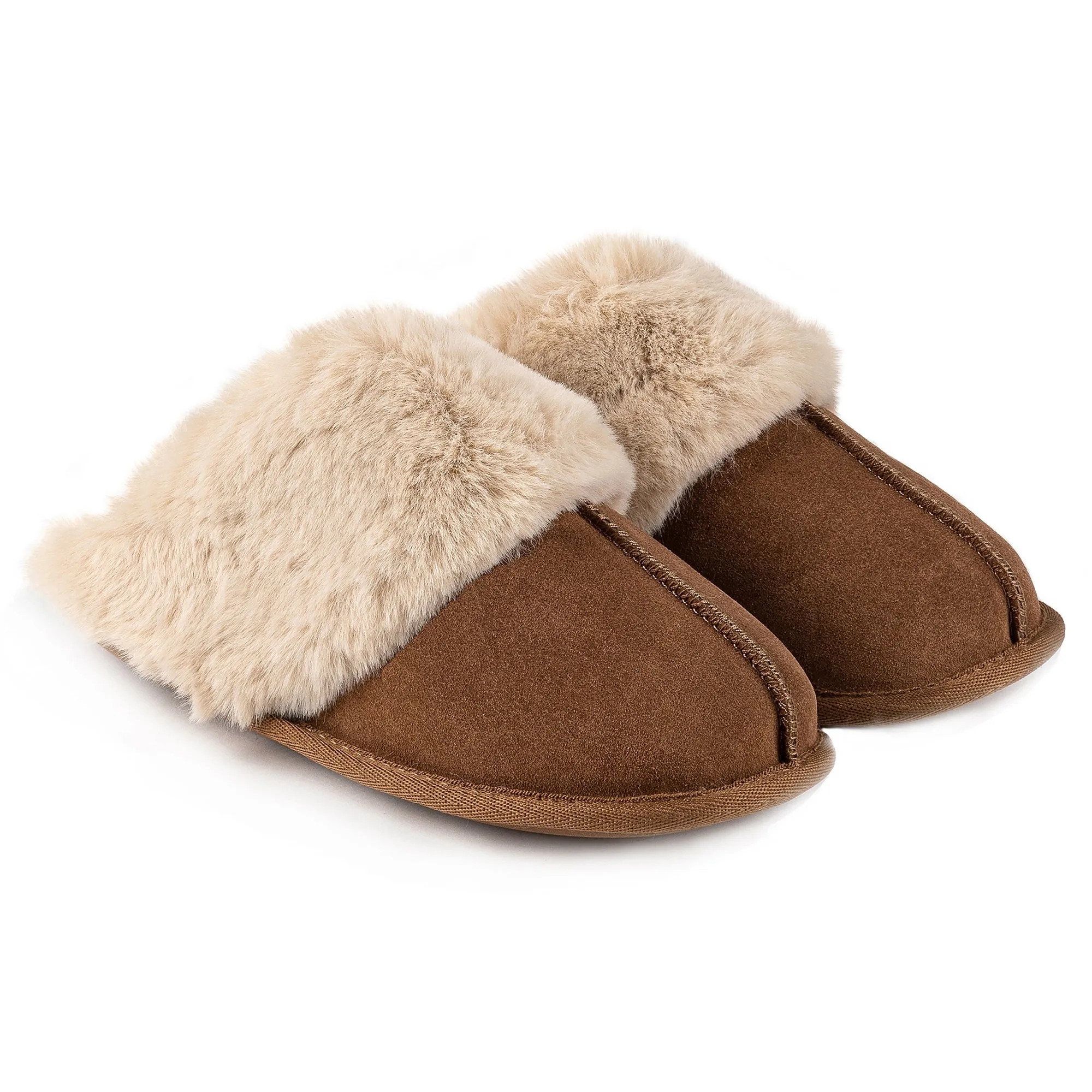 Totes Isotoner REAL SUEDE WITH FUR CUFF Womens Mule Slippers Tan sold by Shuperb product image thumbnail 4