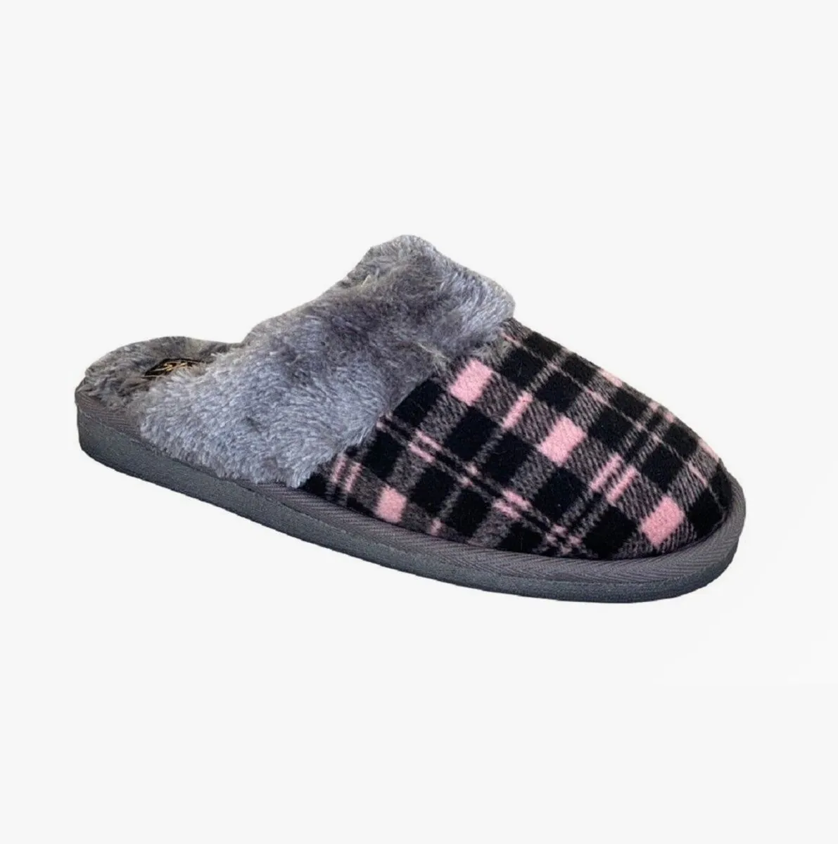 Sleepers MIA Womens Tartan Textile Mule Slippers Black/Pink/Grey sold by Shuperb