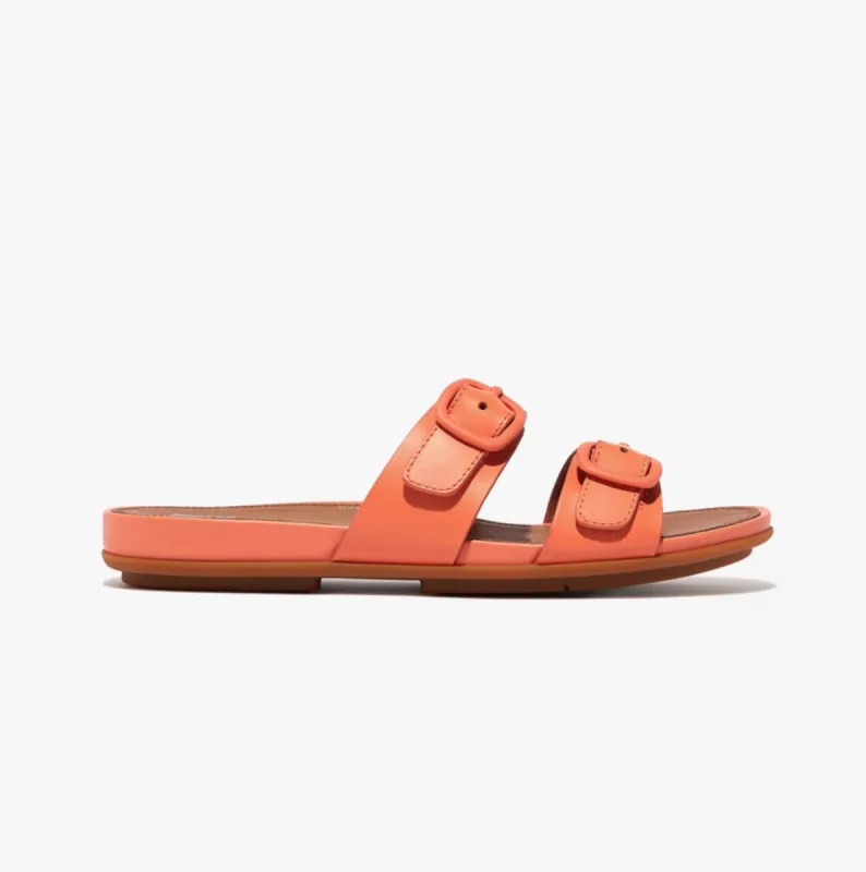 GRACIE Ladies Rubber-Buckle Leather Two-Bar Sliders Sunshine Coral sold by Shuperb