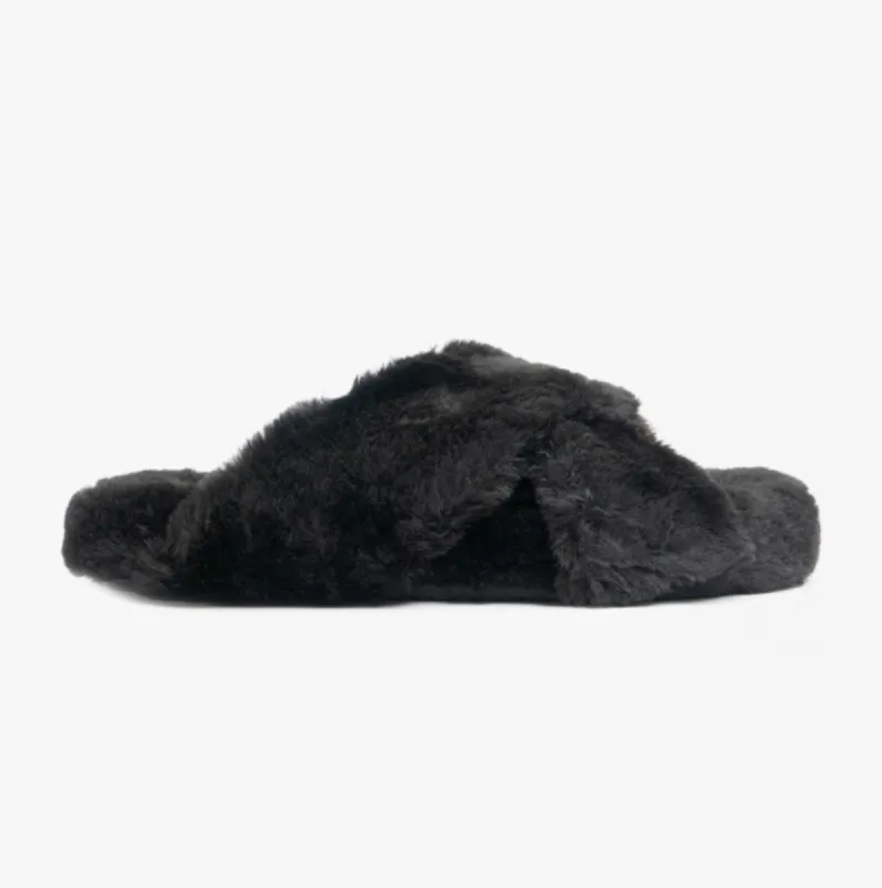 TOMS SUSIE Womens Faux Fur Mule Slippers Black sold by Shuperb