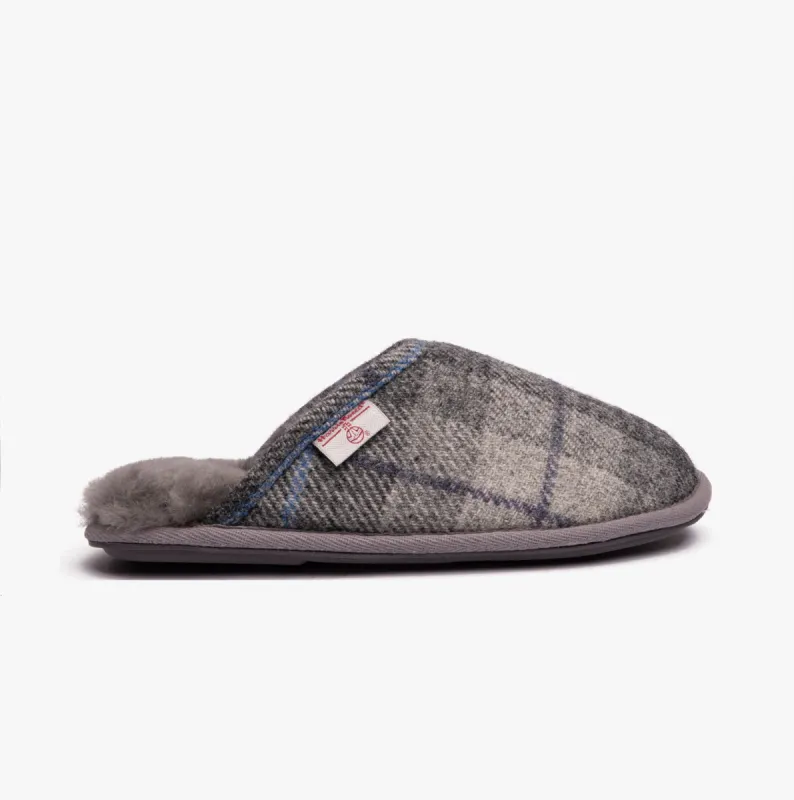 WILLIAM Mens Mule Slippers Grey/Charcoal Check sold by Shuperb
