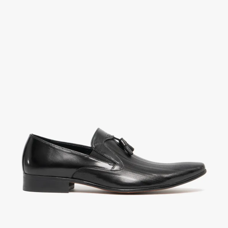 WESTMORELAND Mens Leather Etched Pointed Tassel Loafers Black sold by Shuperb