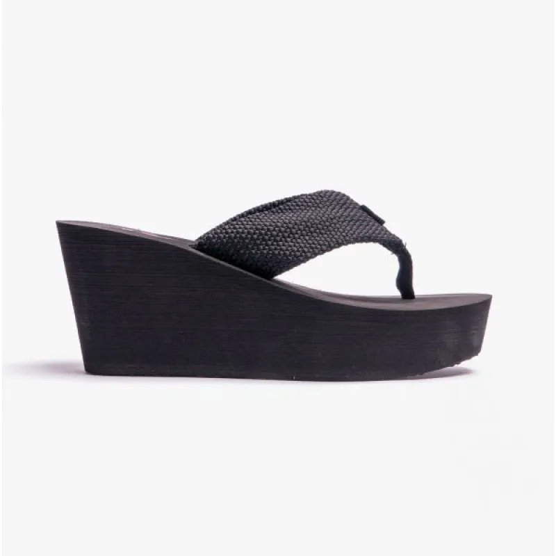 Rocket Dog DIVER WEBBING Womens Textile Wedge Flip Flops Black made by Rocket Dog