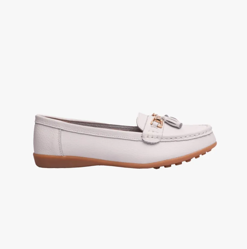 Boulevard CAMILLA Womens Leather Tassle Loafers White made by Shuperb