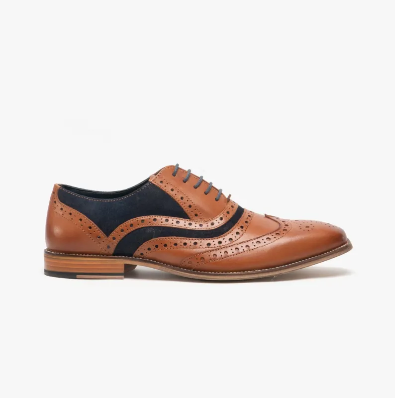 Roamers RUSSELL Mens Contrast Leather Brogue Shoes Tan/Navy made by Shuperb
