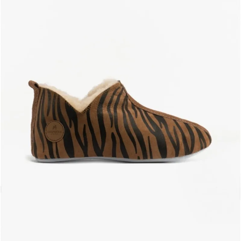 LINA Ladies Sheepskin Full Slippers Tiger On Chestnut sold by Shuperb