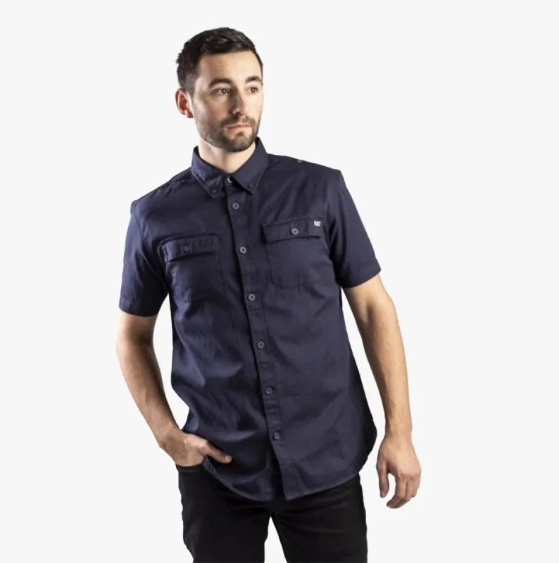 CAT BUTTON UP Mens Cotton Twill Short Sleeve Shirt Navy sold by Shuperb