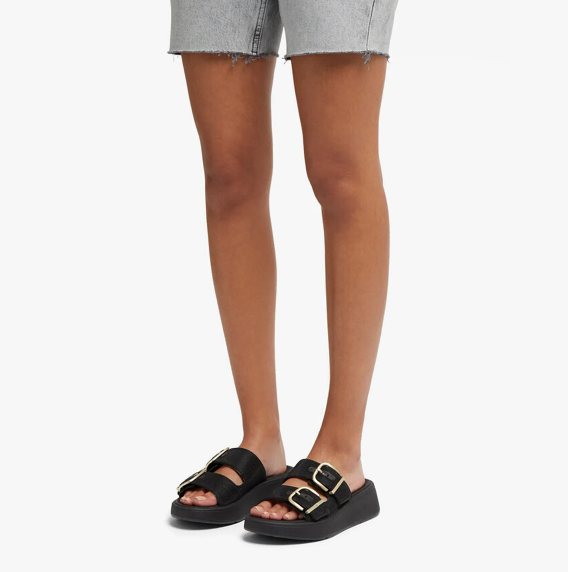 FitFlop F-MODE BUCKLE SHIMMERLUX FLATFORM TWO-BAR Womens Slides Black sold by Shuperb product image thumbnail 2