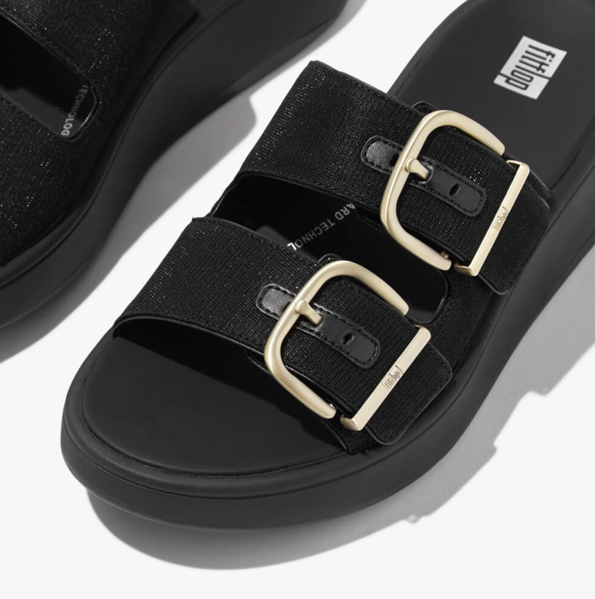 FitFlop F-MODE BUCKLE SHIMMERLUX FLATFORM TWO-BAR Womens Slides Black sold by Shuperb product image thumbnail 4